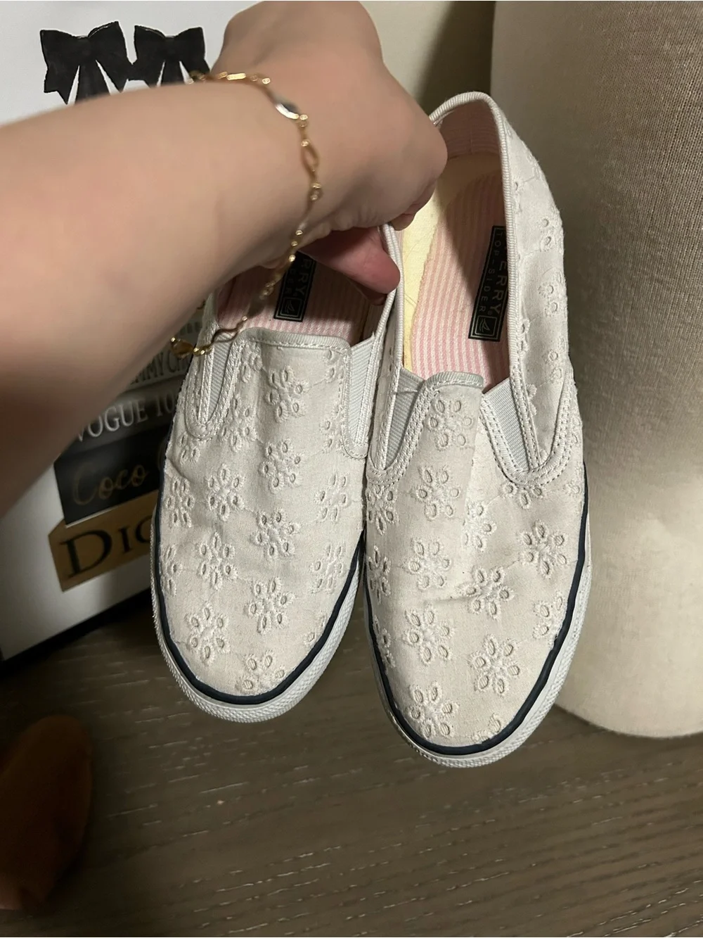Sperry Top Slider White Floral Eyelet Slip-On Sneakers,Size 7 1/2